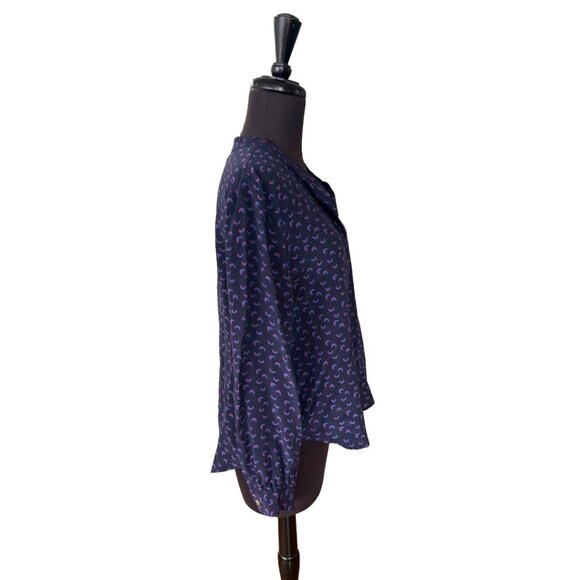 Amour Vert 100% Silk Blouse Navy Multicolor Print Size S Long Sleeve - Picture 4 of 16